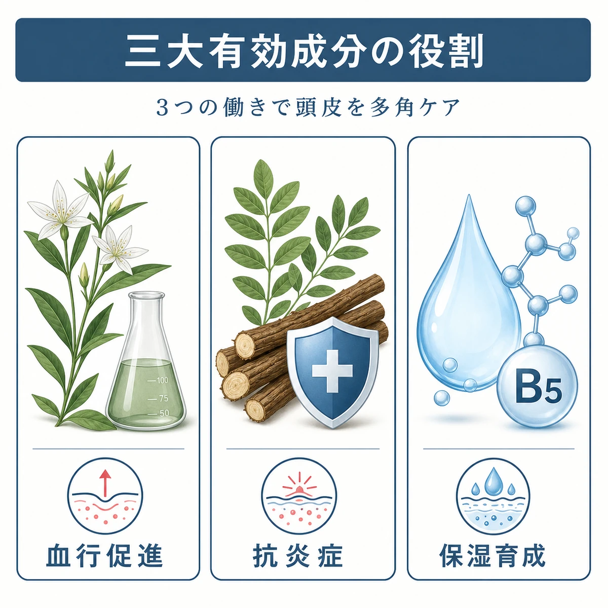 育毛剤の三大有効成分それぞれの役割を対等に並べた医療イラスト