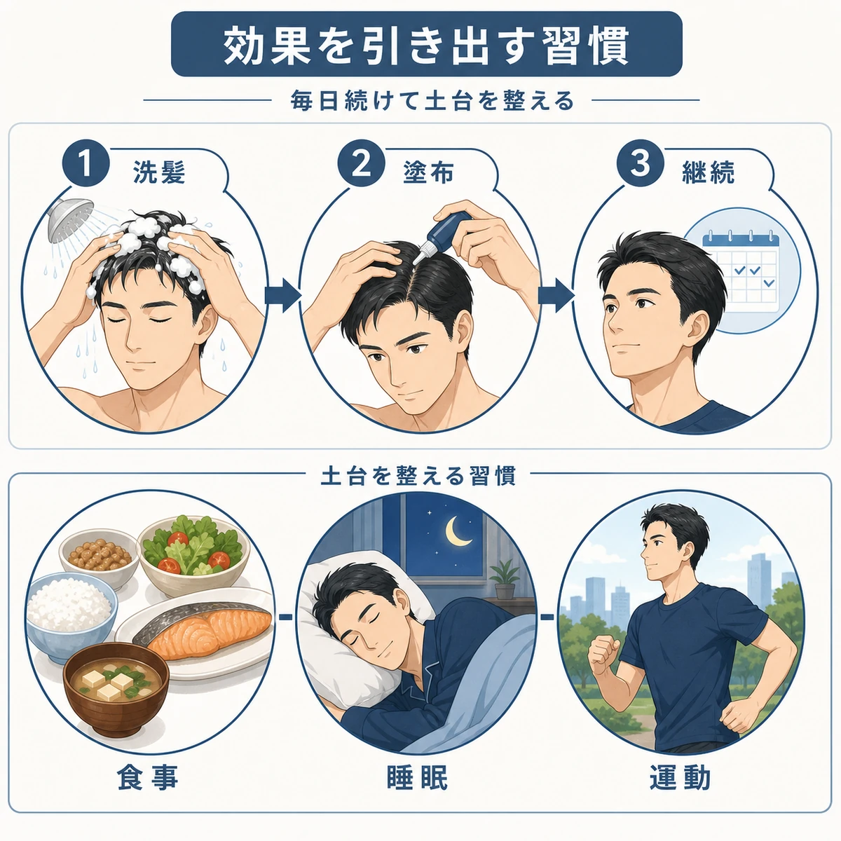 育毛剤の正しい使い方の流れと生活習慣のポイントを並べた医療イラスト