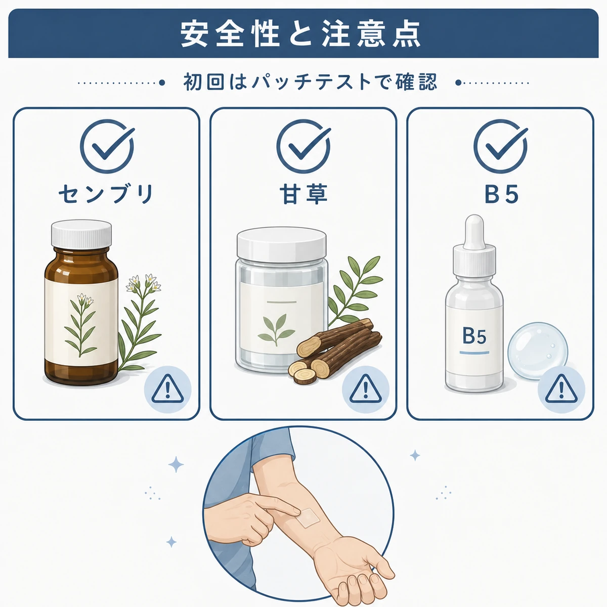 三大有効成分それぞれの安全性と使用時の注意点を対等に並べた医療イラスト