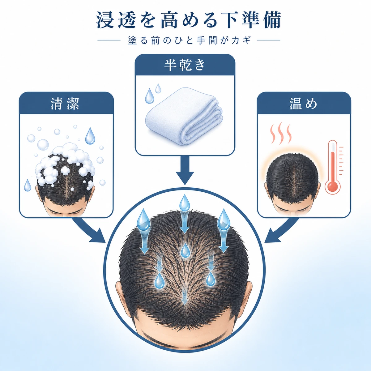 頭皮の下準備として清潔・半乾き・温めの3条件が浸透を後押しする様子を表した医療イラスト