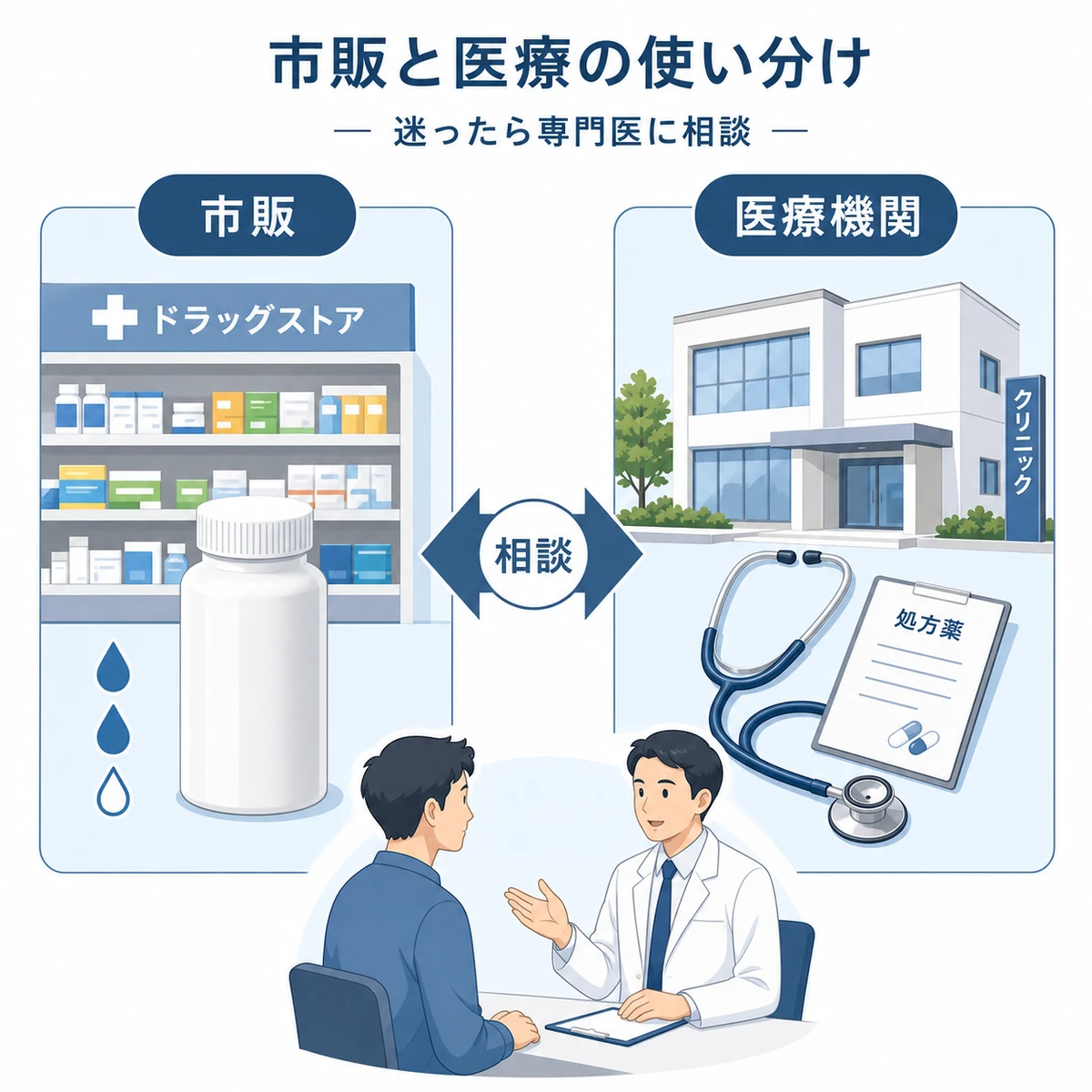 市販の育毛剤と医療機関の治療の違いと使い分けを左右で対比した医療イラスト