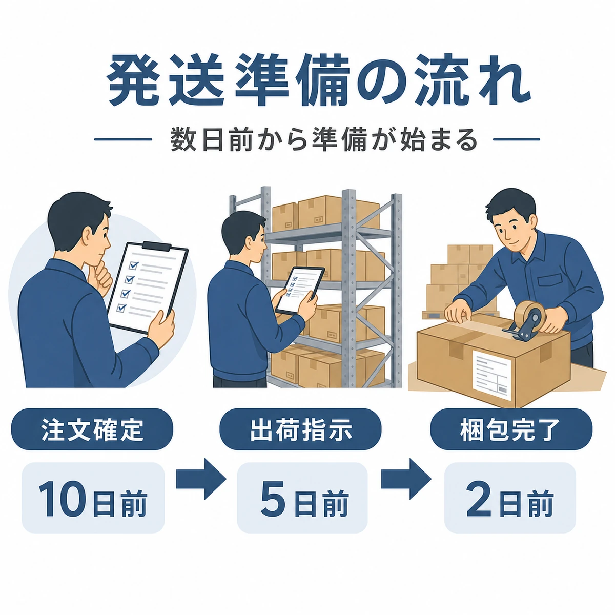 注文確定から梱包完了までの発送準備工程を左から右の流れで表した医療メディア向けイラスト