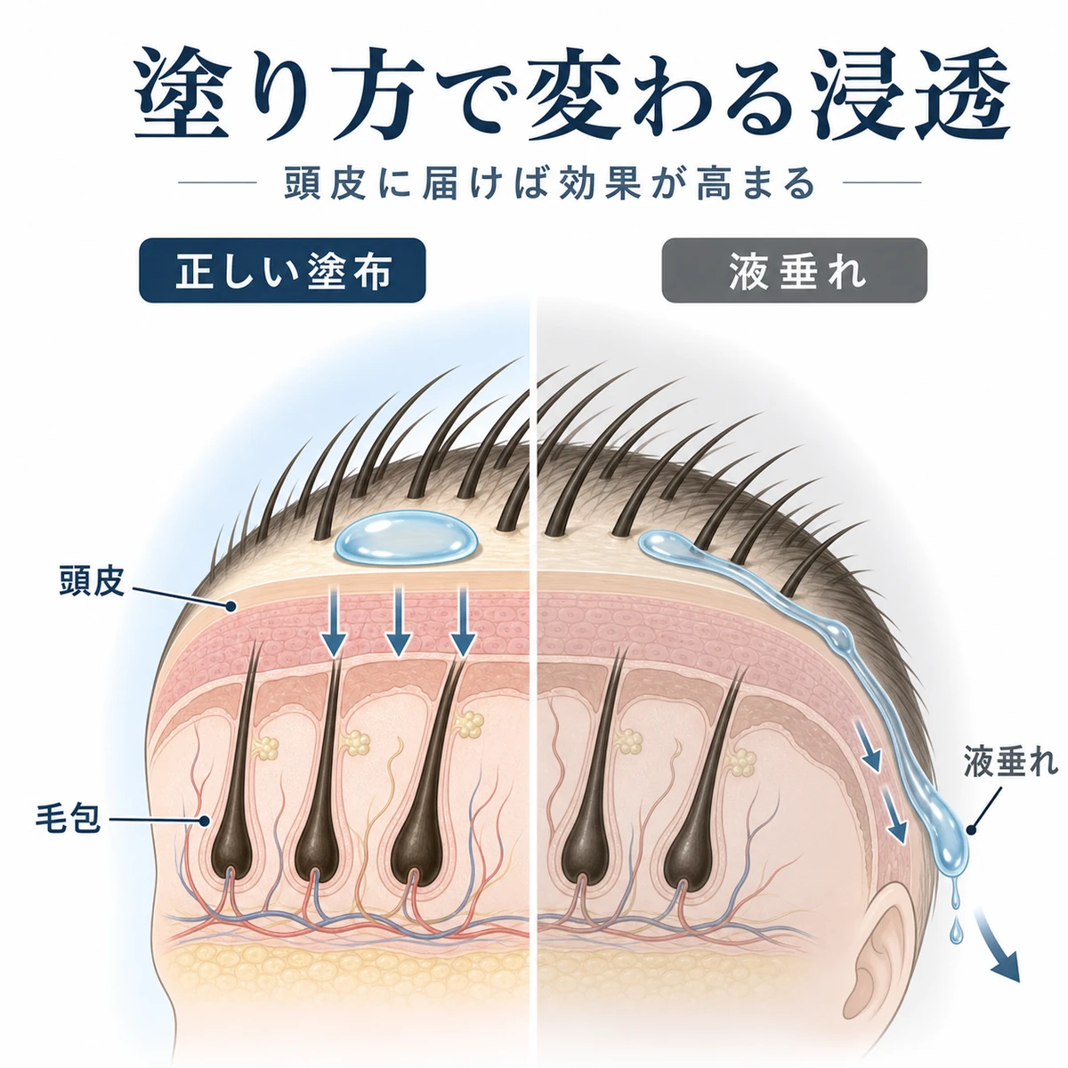 つむじ付近で育毛剤が正しく浸透する場合と液垂れする場合の違いを比べた頭皮断面の医療イラスト