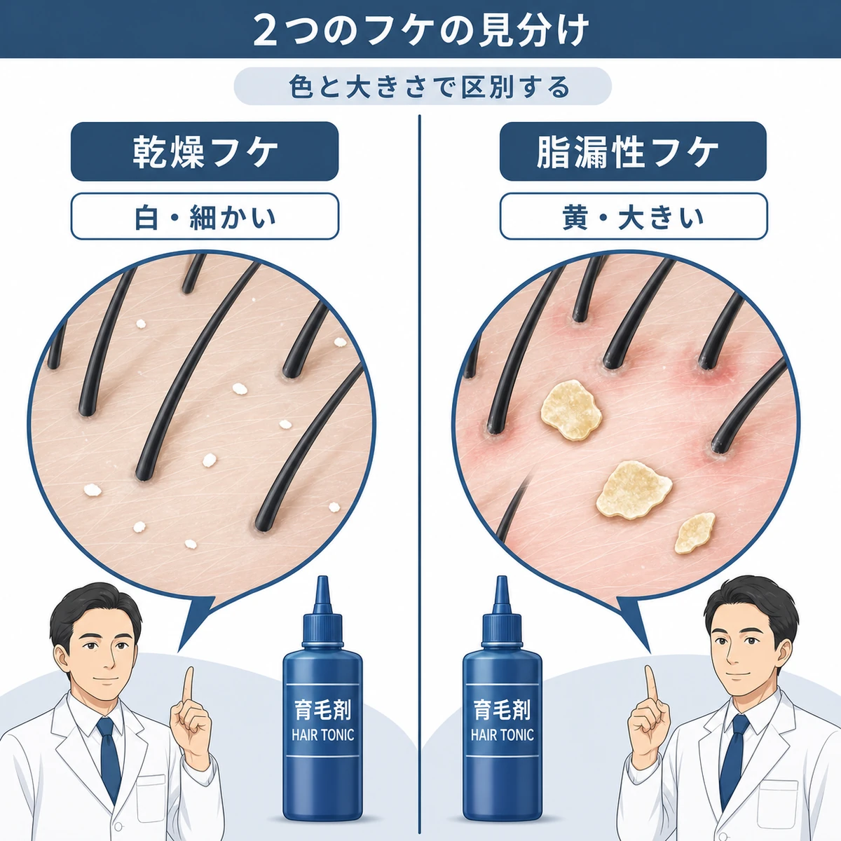 乾燥フケと脂漏性皮膚炎のフケの色や大きさの違いを左右で比べた医療イラスト