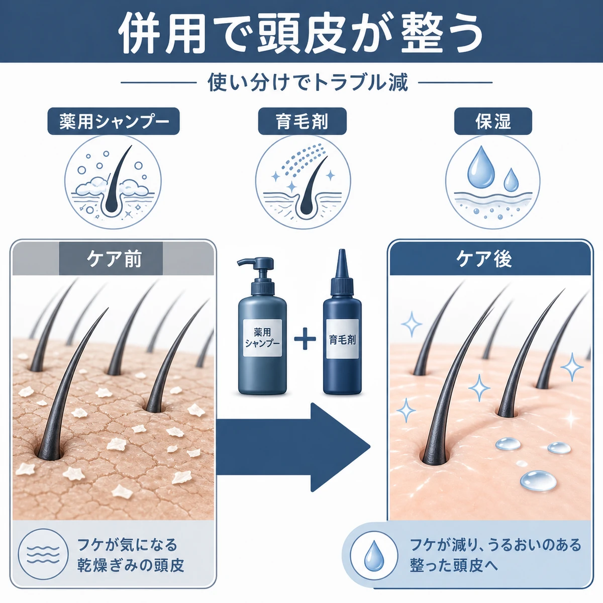 薬用シャンプーと育毛剤の併用で頭皮のフケが減り環境が整う変化を左右で比べた医療イラスト