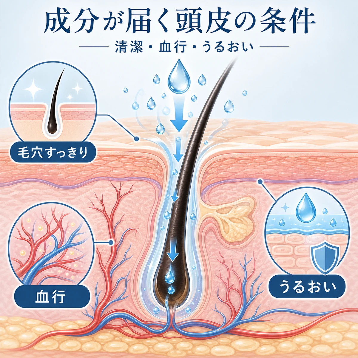 毛穴の断面から育毛剤の成分が届く頭皮の状態を表した医療イラスト