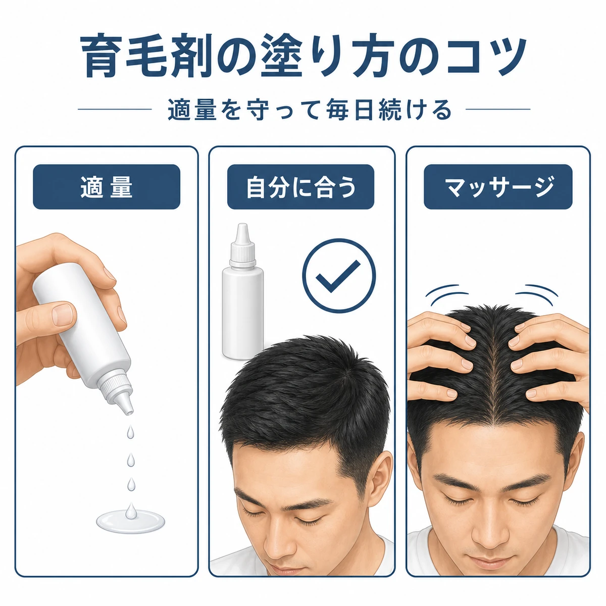 適量・製品選び・マッサージという育毛剤の塗り方のコツを表した医療イラスト