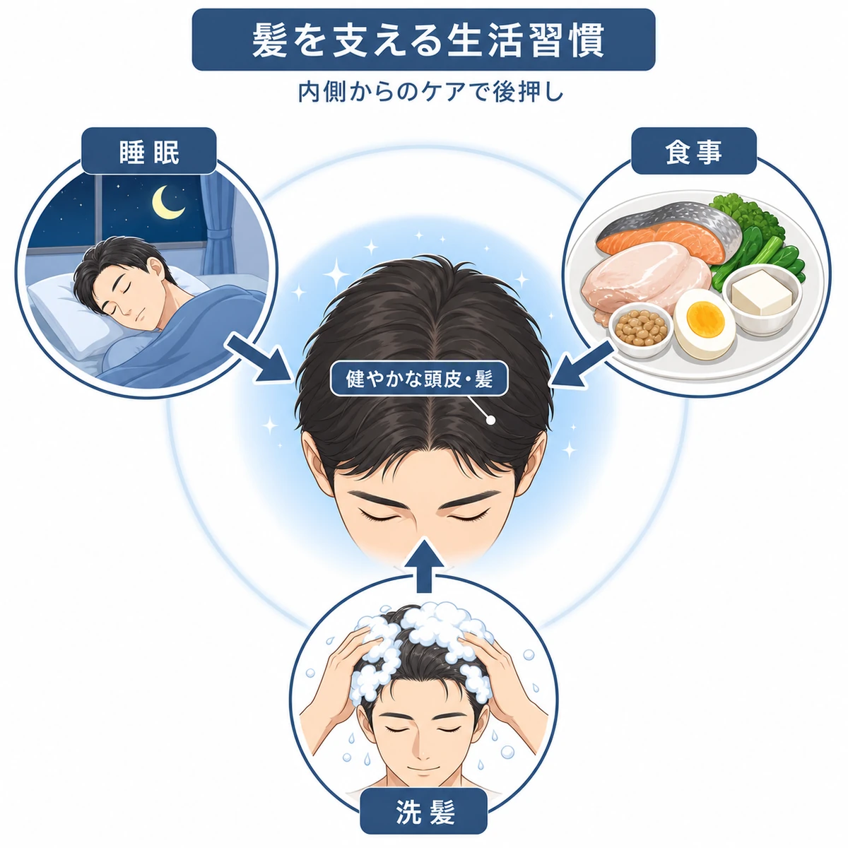 睡眠と食事と洗髪が髪の成長を支える生活習慣の相関を表した医療イラスト