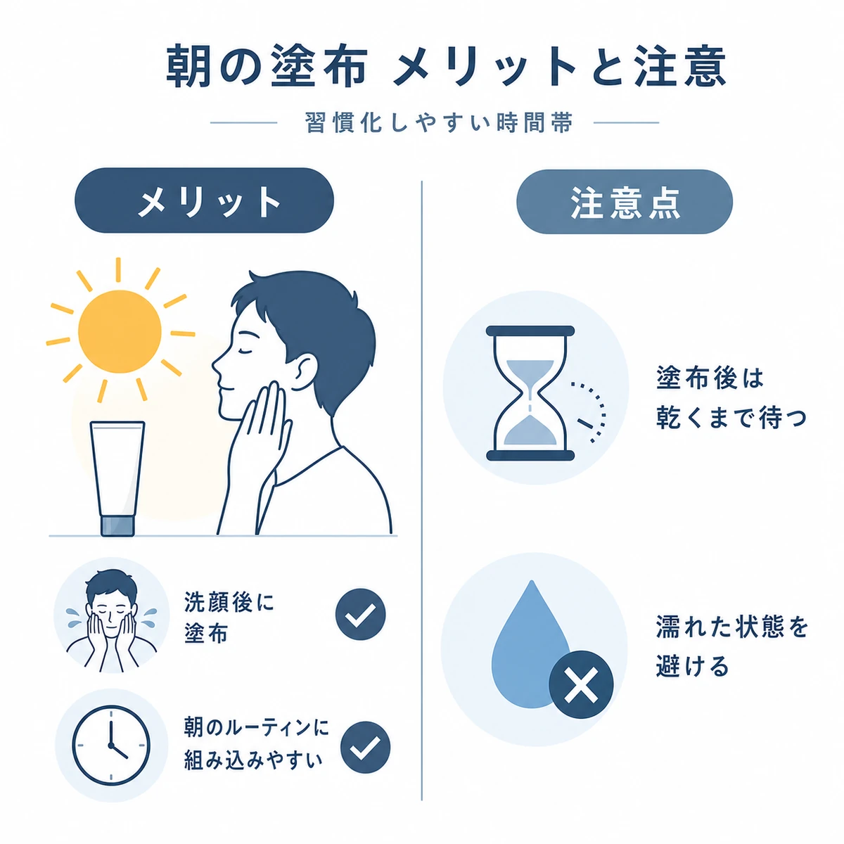 朝の育毛剤塗布のメリットと注意点を左右2パネルで対比した育毛イラスト