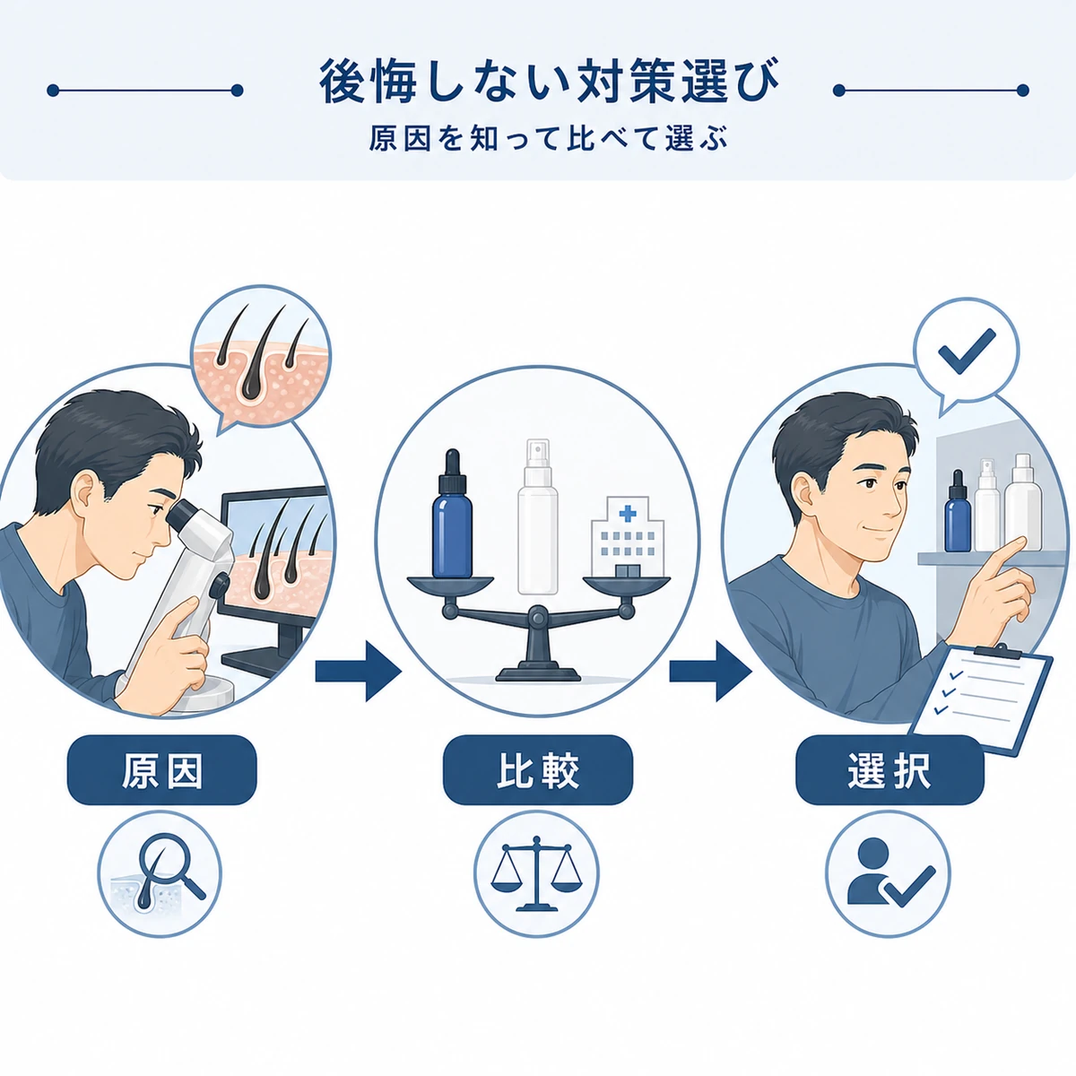 原因把握から比較して選択する後悔しない薄毛対策の進め方を表した医療イラスト