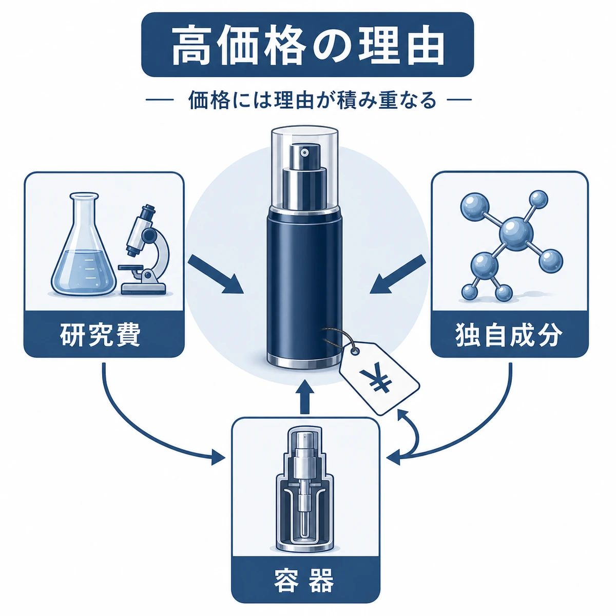 高額な育毛剤の価格を支える研究費や独自成分などの要素を相関図で表した医療イラスト