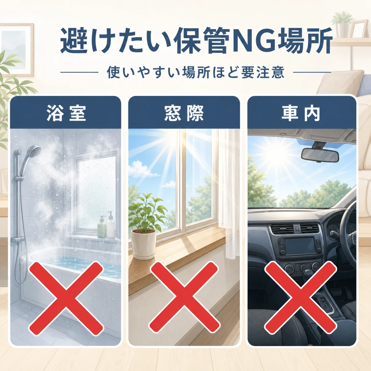 浴室・窓際・車内など育毛剤の保管に向かない場所を赤い×で示した医療イラスト