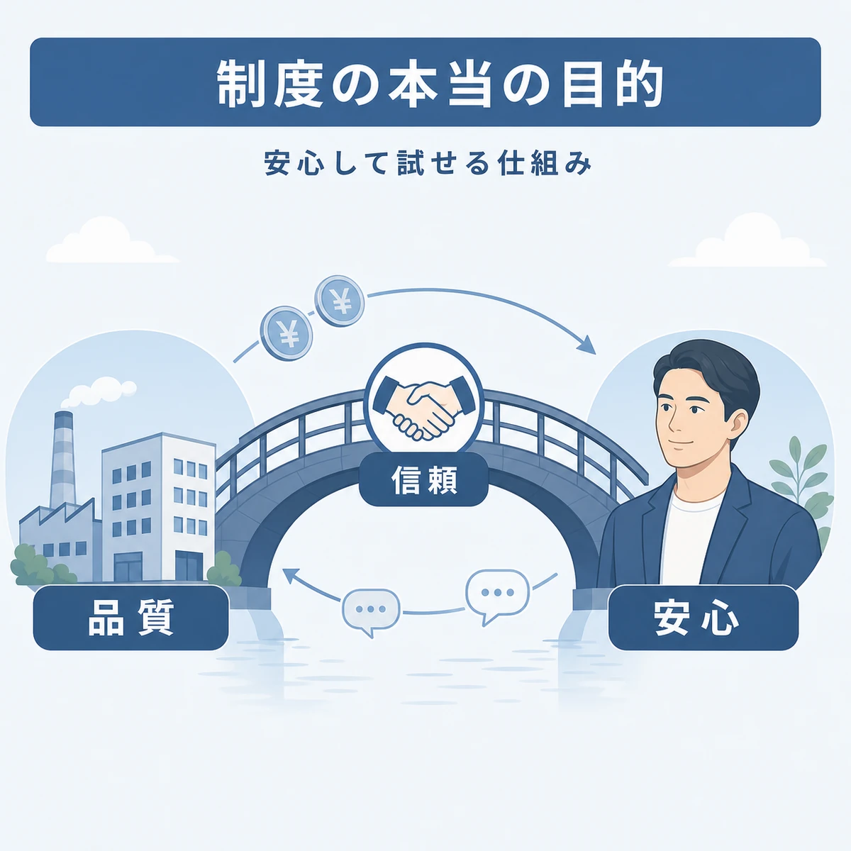 メーカーと利用者を信頼でつなぐ返金保証の役割を表した解説イラスト