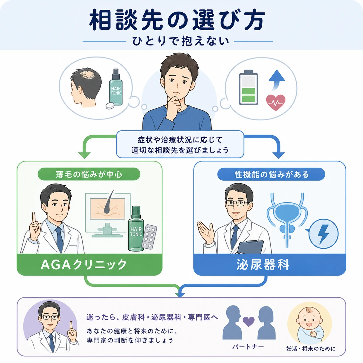 症状や治療状況に応じてAGAクリニックか泌尿器科かを選ぶ相談先の流れを表した医療イラスト