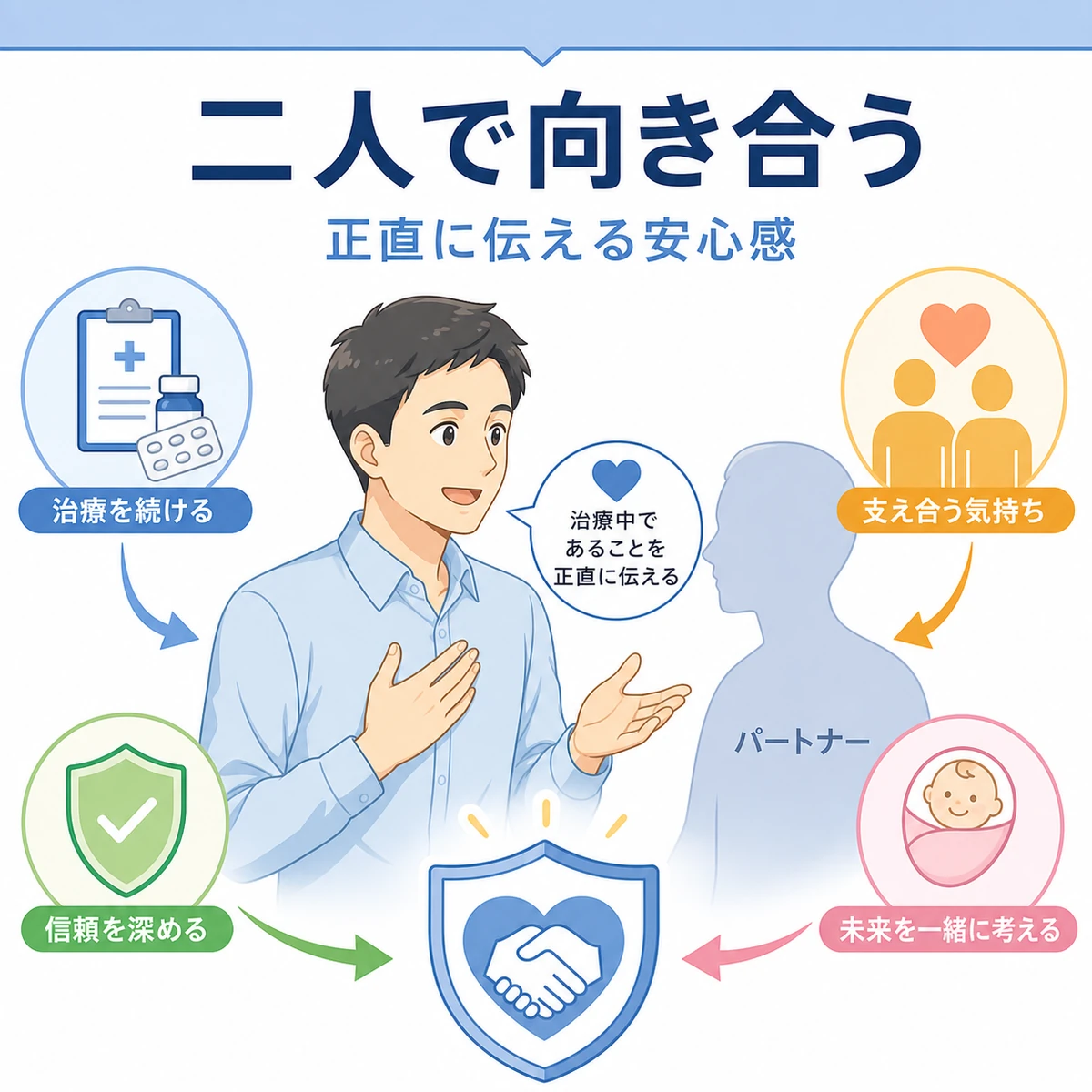治療中であることを正直に伝えてパートナーと向き合い信頼を保つ様子を表した医療イラスト
