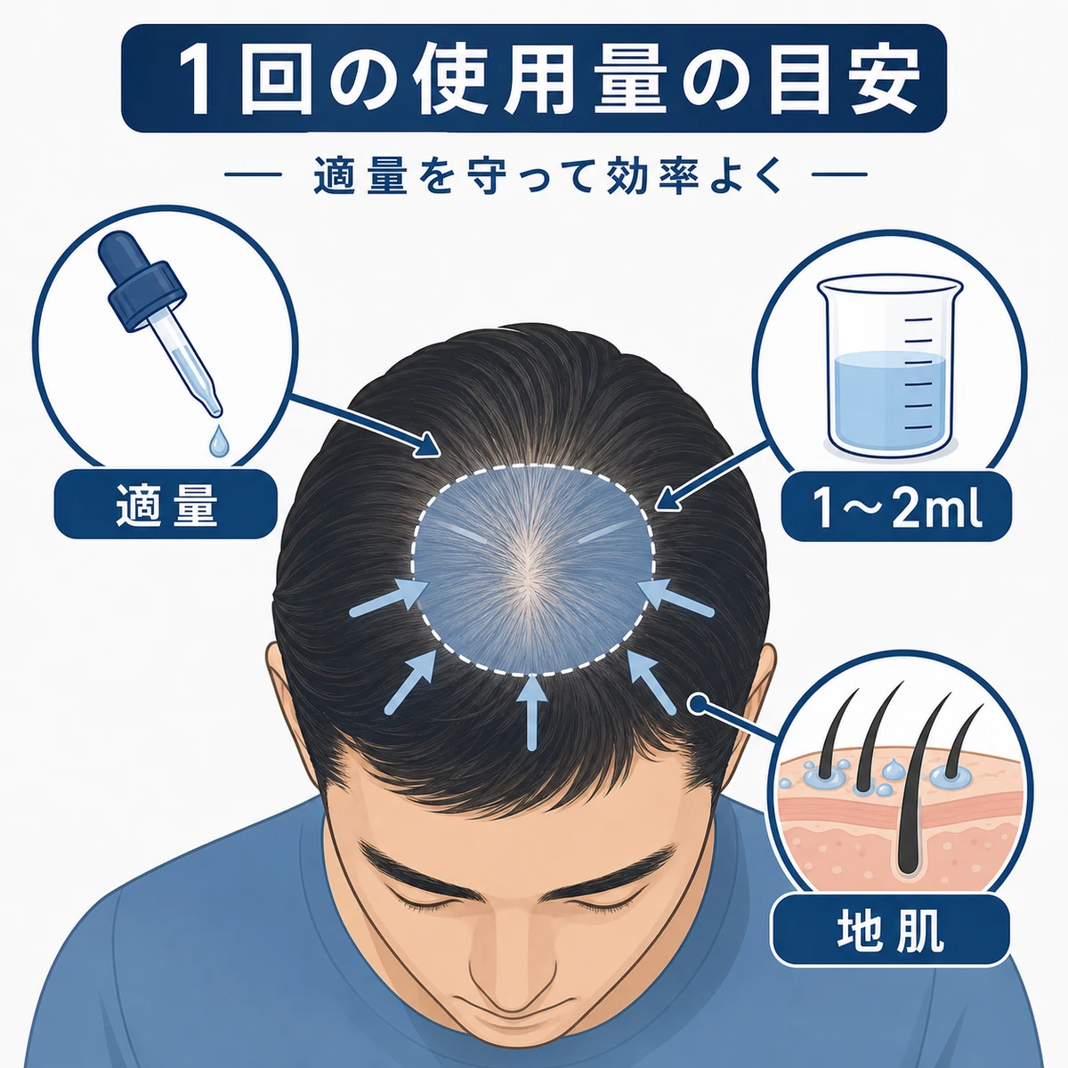 成人男性の頭皮にスポイトから適量の育毛剤を狙って塗布する使用量の目安を表した図解イラスト