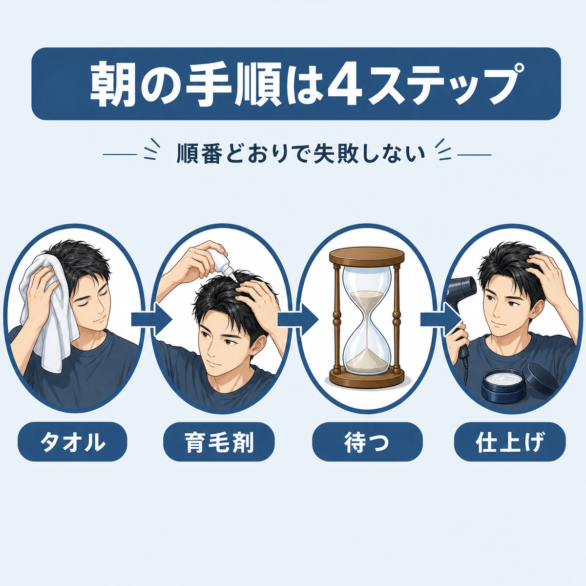 朝の育毛剤塗布からワックス仕上げまでの手順を左から右への4ステップで表した育毛イラスト