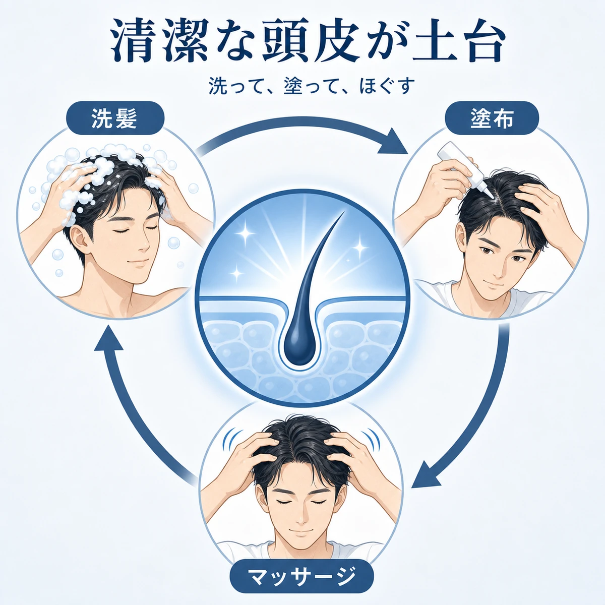 洗髪と育毛剤塗布と頭皮マッサージが循環する頭皮ケアの流れを相関図で表した育毛イラスト