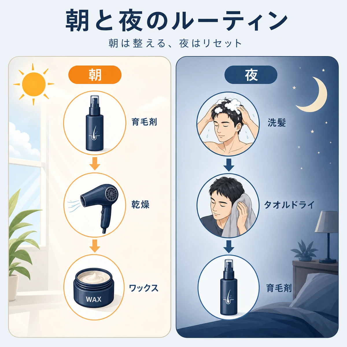 朝と夜でやることを分けた育毛剤とワックスのルーティンを2パネルで表した育毛イラスト