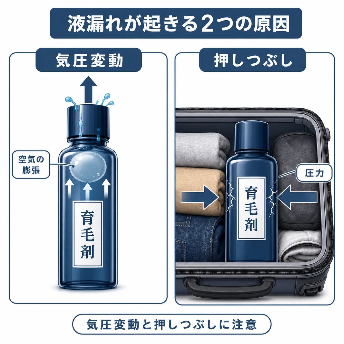 気圧変動でキャップから漏れる仕組みとスーツケース内で押される破損を左右で表した医療イラスト