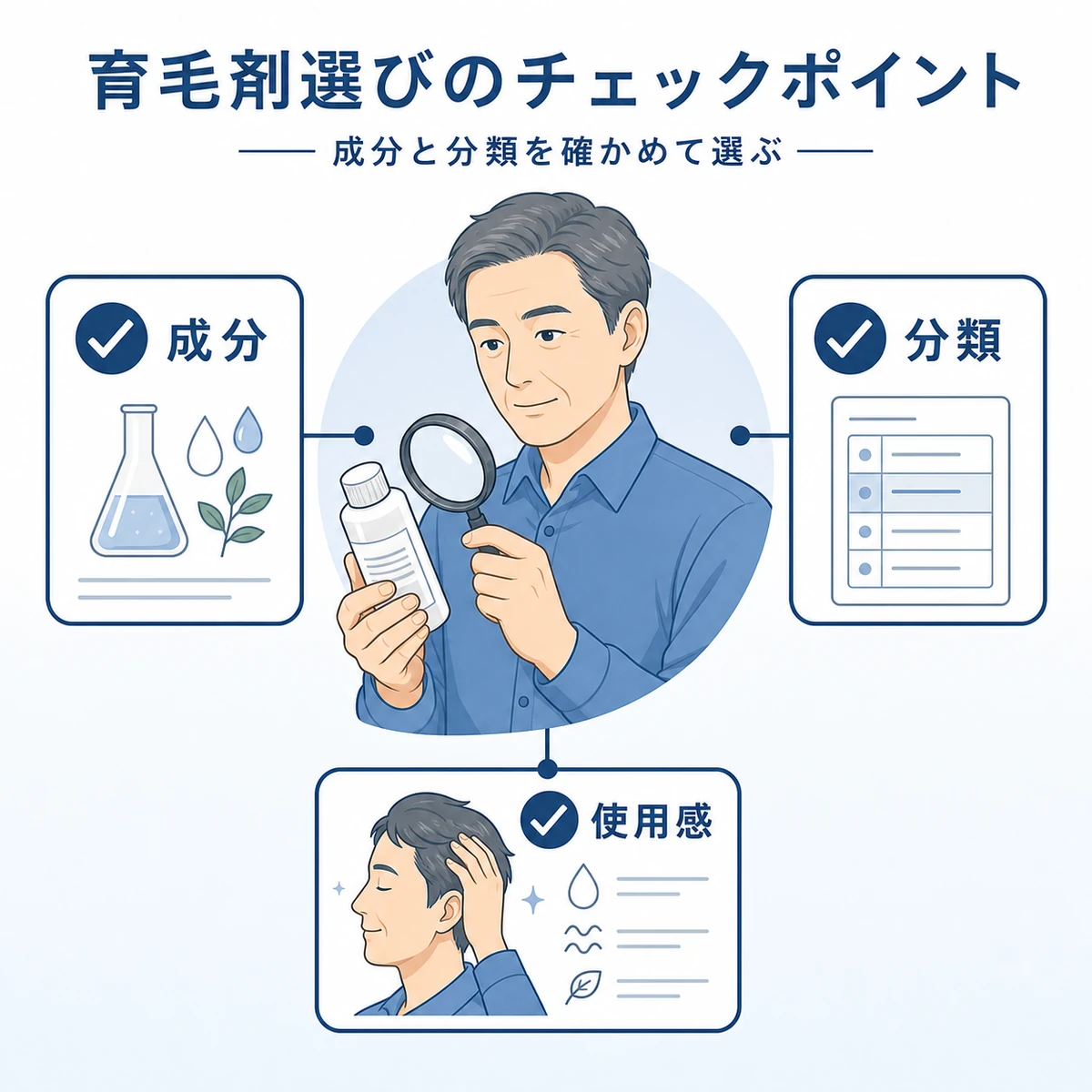 50代男性が育毛剤の成分表示を確認しながら選ぶ様子を表した医療イラスト