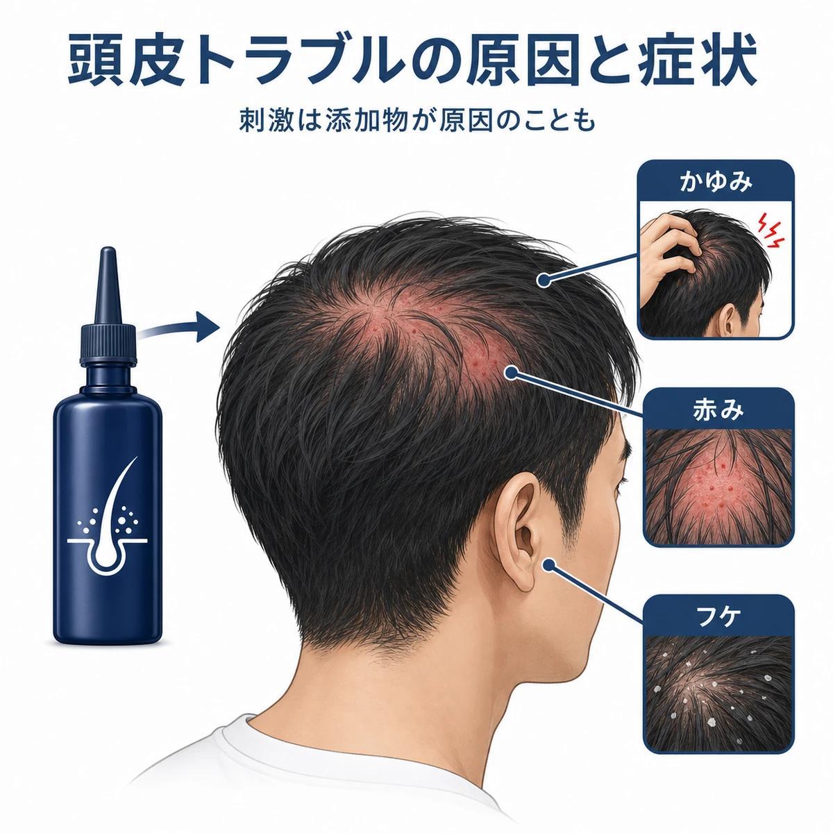 育毛剤の添加物が頭皮のかゆみや赤みを招く仕組みを表した医療イラスト