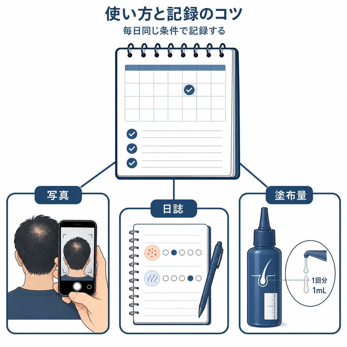 写真と日誌と塗布量を毎日そろえて記録するトライアルのコツを表した医療イラスト