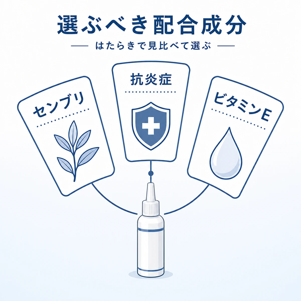 血行促進と抗炎症とビタミンEなど40代向け育毛剤の主要成分を分類した医療イラスト