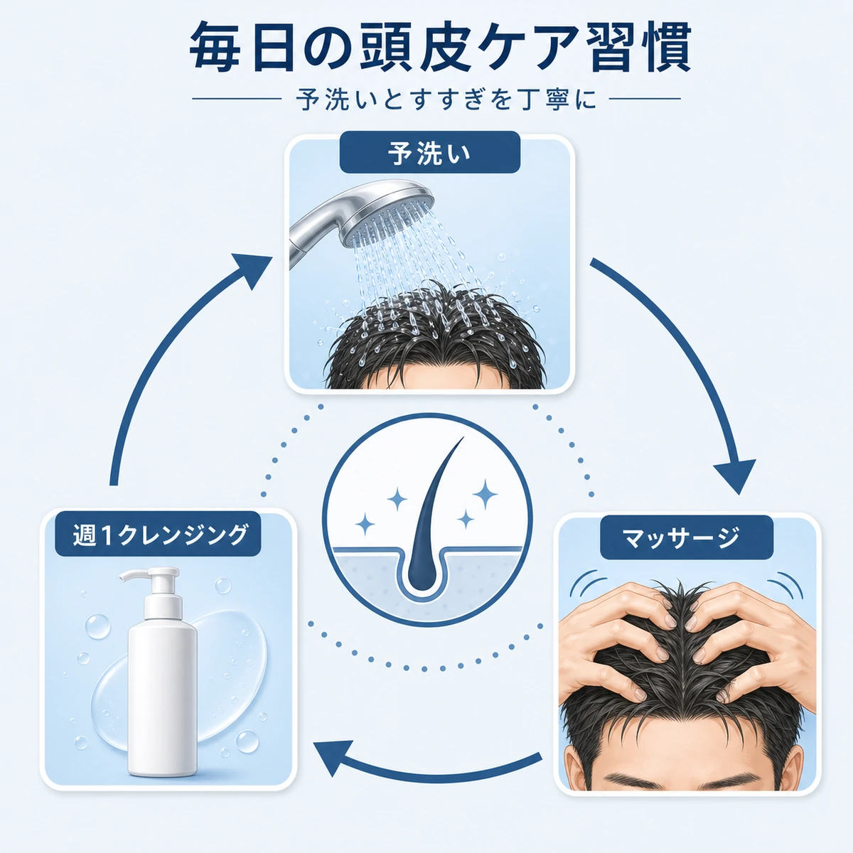 予洗いやマッサージなど毎日の頭皮ケア習慣を循環で表したルーティンのイラスト