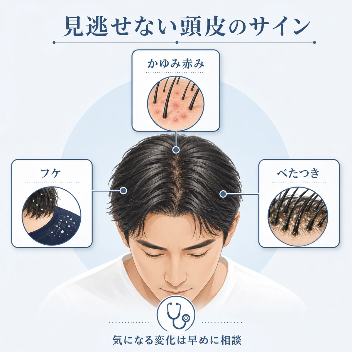 かゆみや赤みなど頭皮トラブルの注意サインをまとめた併用時のチェックイラスト