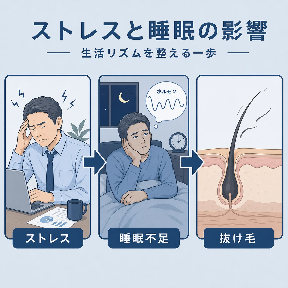 仕事のストレスと睡眠不足が40代男性の抜け毛につながる流れを表した医療イラスト