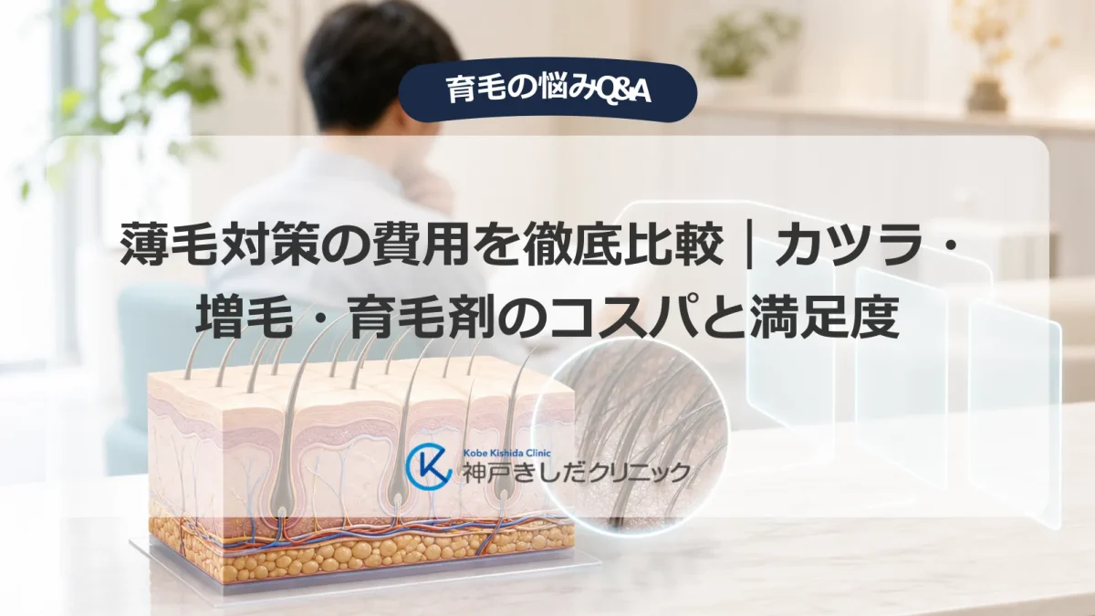 薄毛対策の費用を比べる男性と頭皮・毛包の医療イラスト