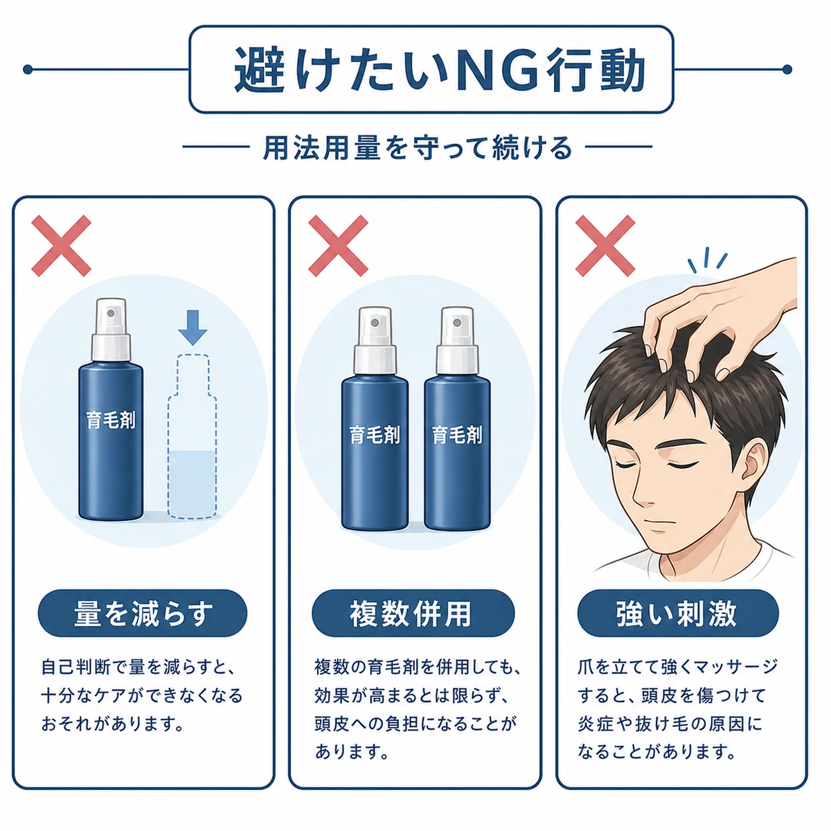 使用量を減らす併用強い刺激など初期脱毛時に避けたいNG行動を並べた医療イラスト