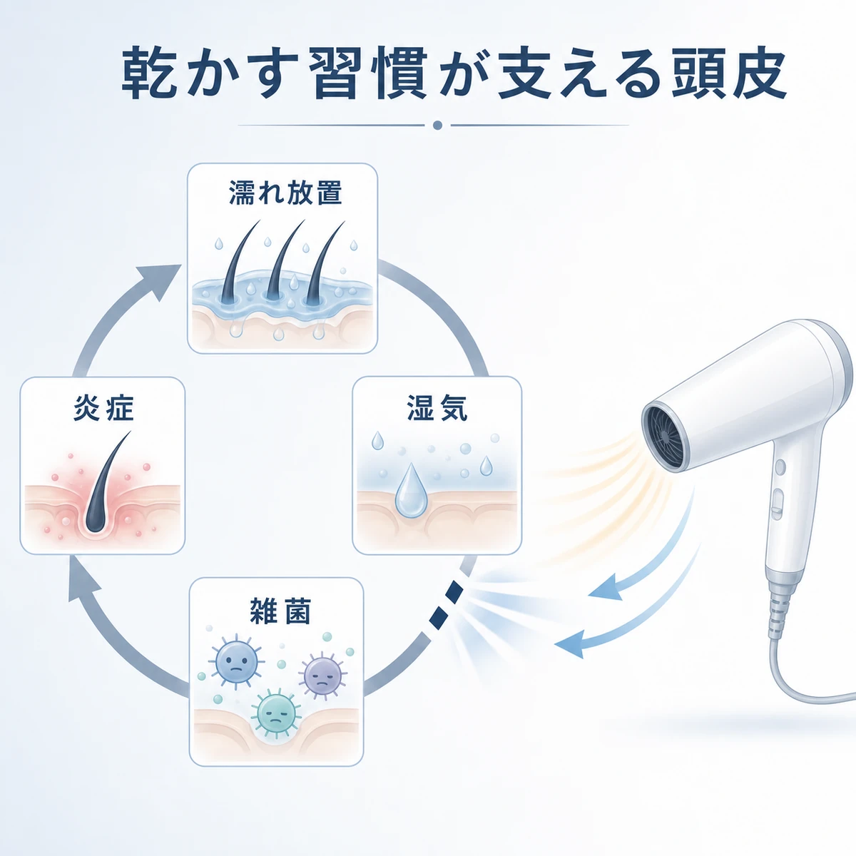 自然乾燥による雑菌繁殖の悪循環をドライヤーで断ち切る流れを表した図解イラスト