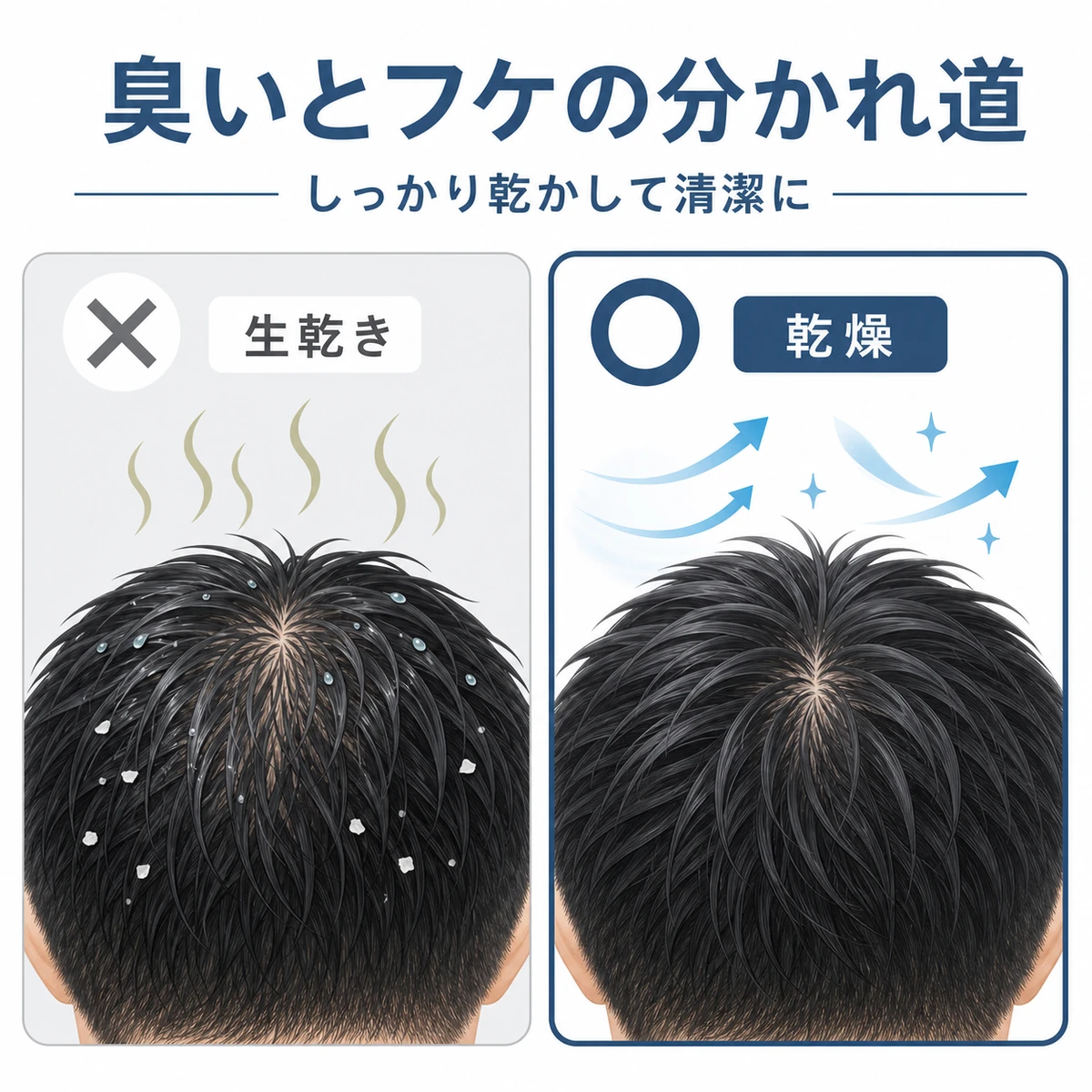濡れ放置と乾燥での頭皮の臭い・フケの違いを○×で対比した図解イラスト