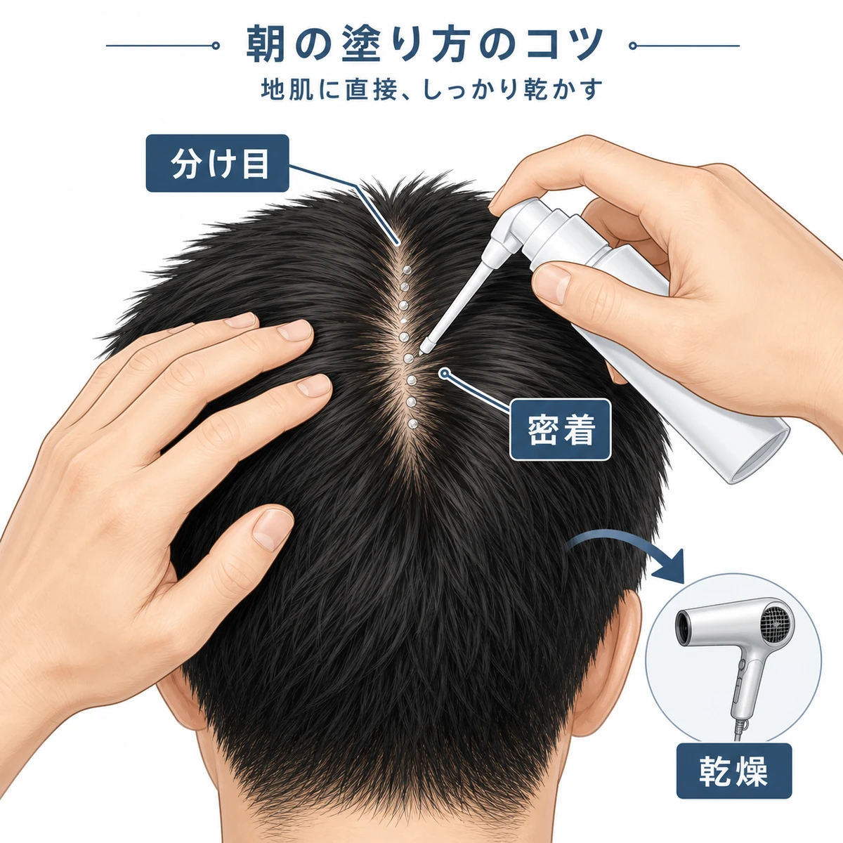 成人男性が髪の根元を分けて地肌に育毛剤を塗り乾かす朝のケア方法を表した医療イラスト