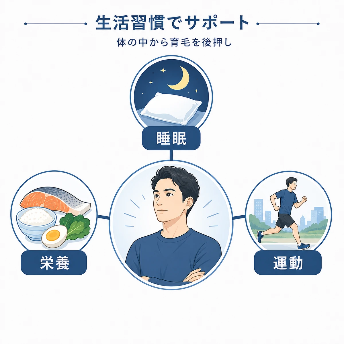 30代男性を中心に睡眠や栄養や運動といった生活習慣が育毛を後押しする関係を表した医療イラスト
