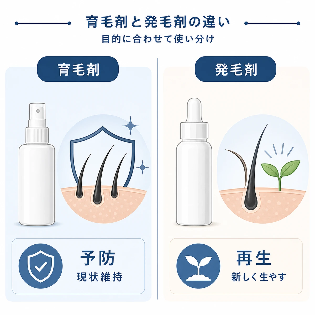 育毛剤と発毛剤の目的や特徴の違いを左右のパネルで比較した医療イラスト