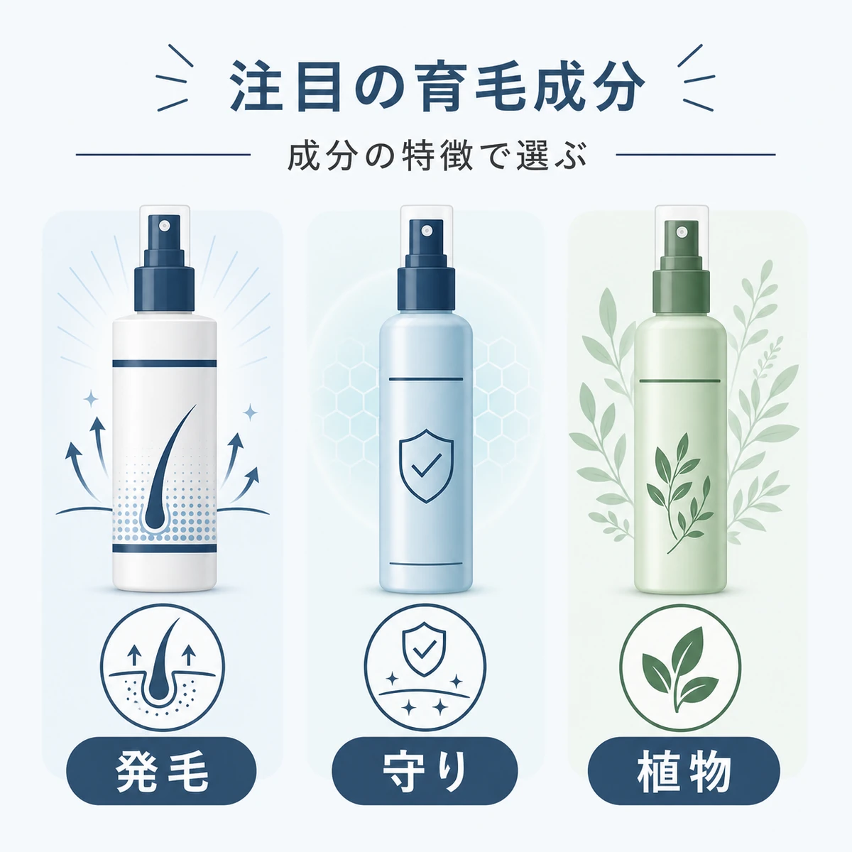 M字対策で注目される育毛成分の特徴を中立的なボトルで比べた医療イラスト