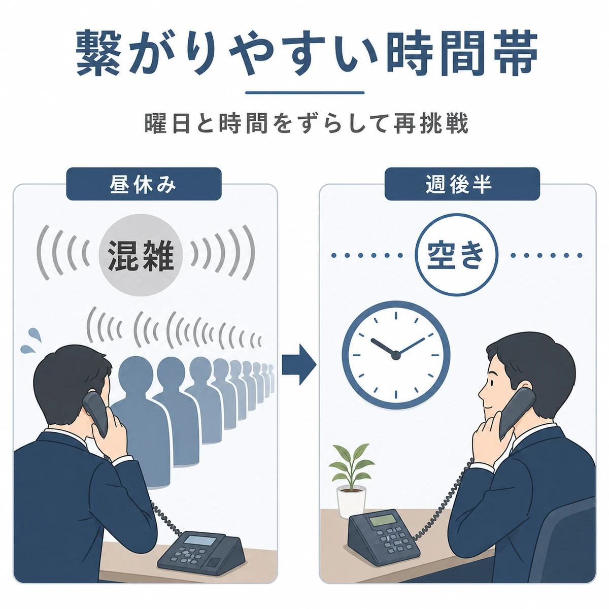 混雑する時間帯を避けて空いている時間に電話をかけ直す工夫を表した医療メディア風イラスト