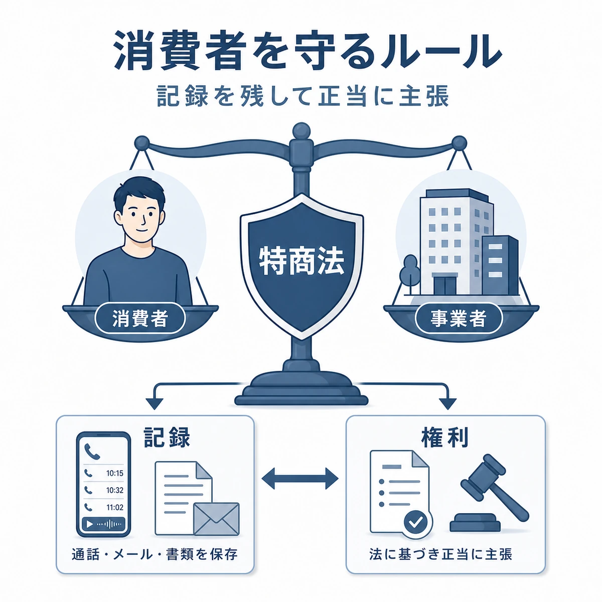 特定商取引法が消費者と事業者を対等に支え記録が正当な主張を裏付ける関係を表した医療メディア風イラスト