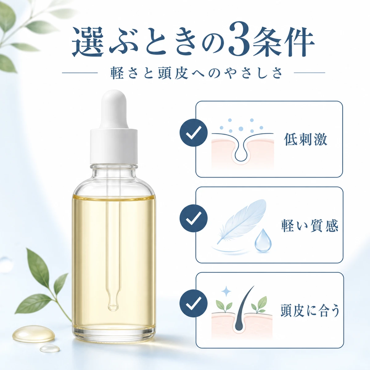 薄毛の男性がヘアオイルを選ぶ際の3つの確認条件を並べた医療系イラスト