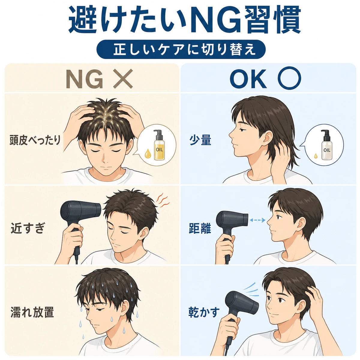 ヘアオイルとドライヤーのNG習慣と正しいケアを丸バツで対比した医療系イラスト