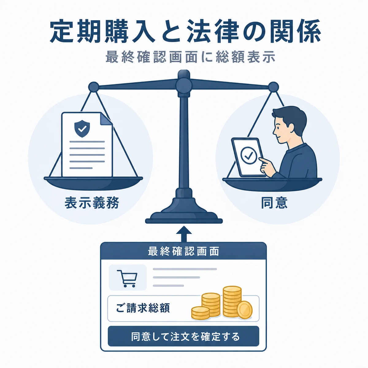 表示義務と同意を天秤で釣り合わせた定期購入契約の法的なしくみを表した医療メディア風イラスト