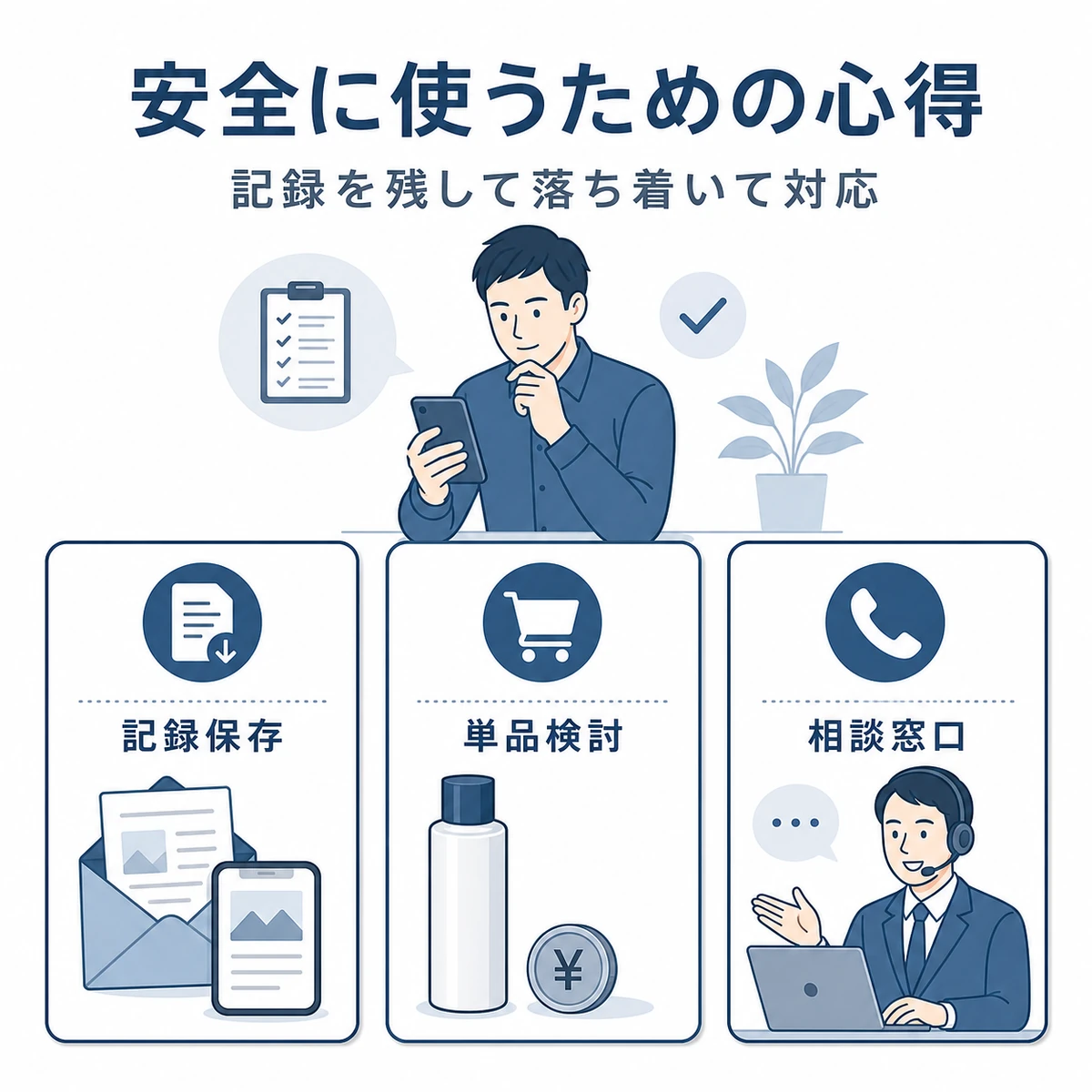 記録の保存と単品検討と相談窓口という定期コースを安全に使う心得を表した医療メディア風イラスト