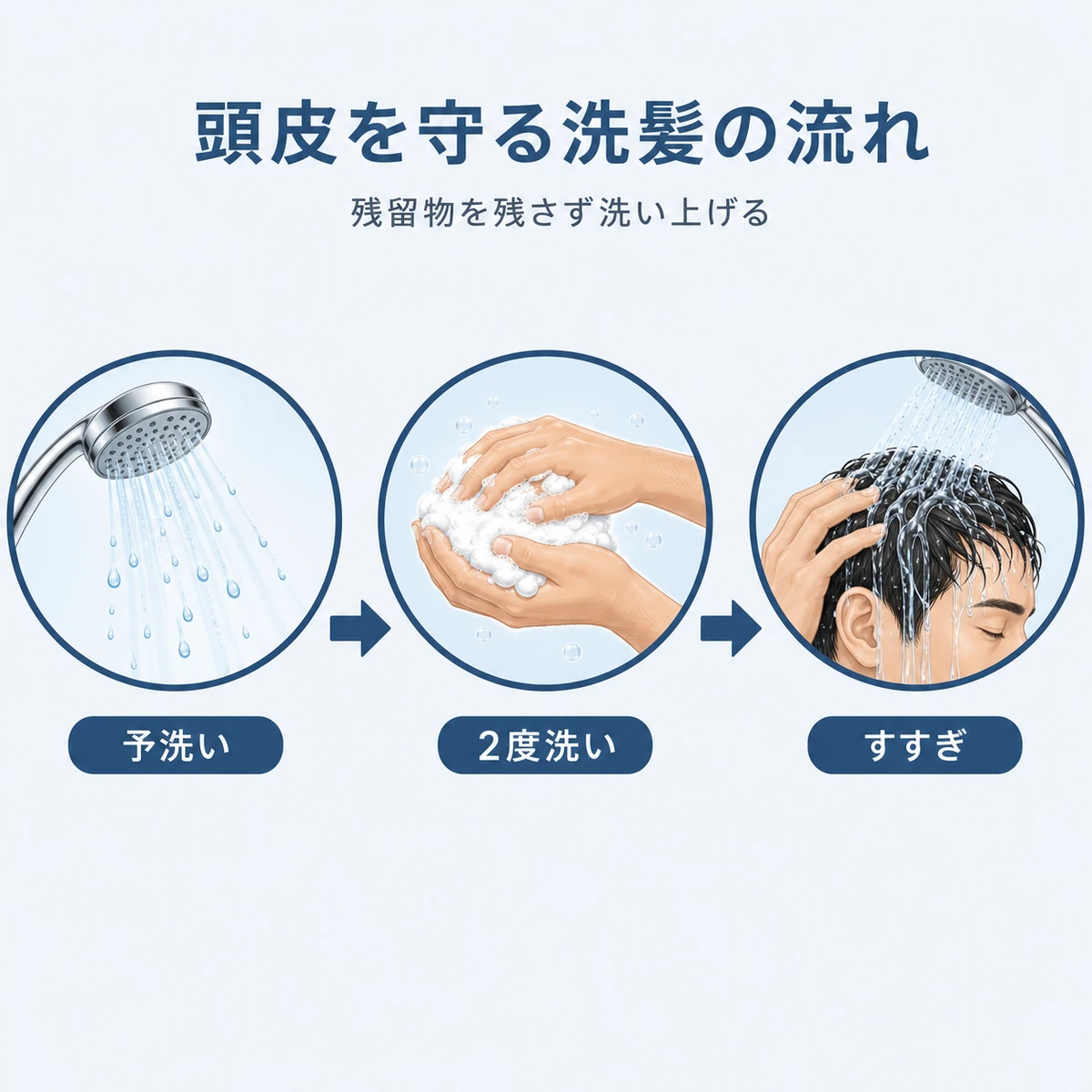 予洗いから2度洗いすすぎまで整髪料を落とす洗髪の流れを左から右に示した医療イラスト