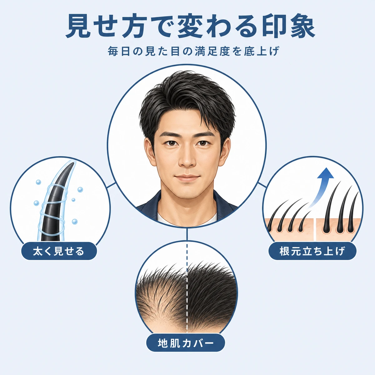 整髪料が薄毛の見せ方を変える3つの働きを表した相関図イラスト