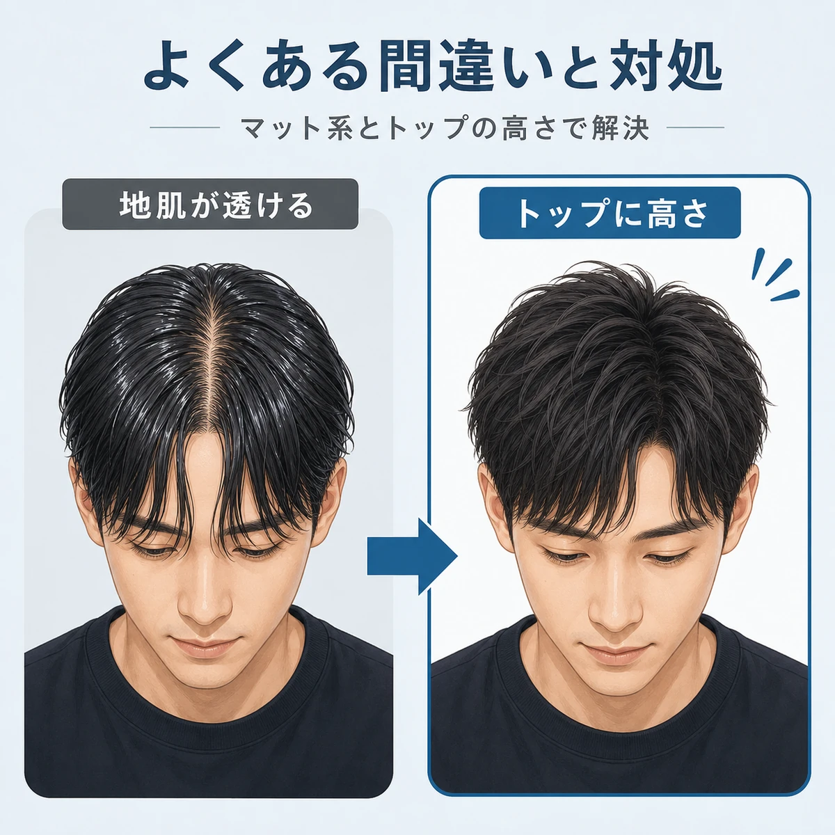 整髪料の間違ったスタイリングと正しいスタイリングを左右で対比したイラスト