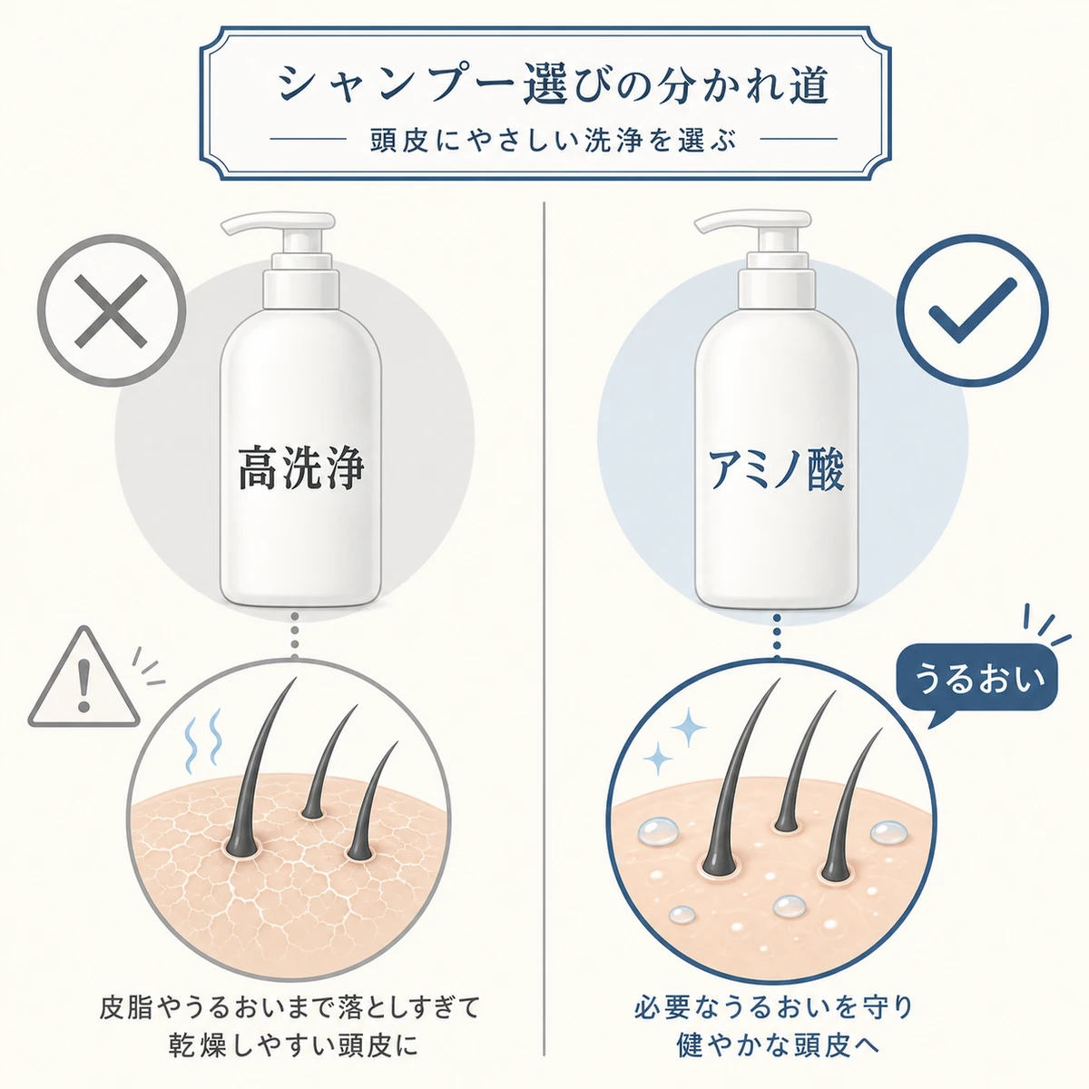 洗浄力の強いシャンプーとアミノ酸系シャンプーで頭皮への影響を比べた医療イラスト