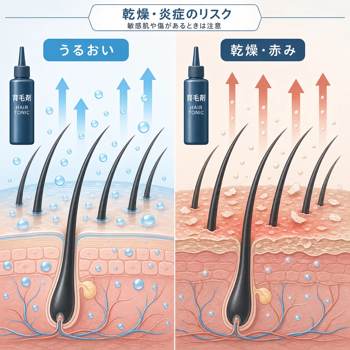 アルコールの揮発で頭皮の水分が奪われ乾燥・炎症に傾く様子を左右で比べた医療イラスト